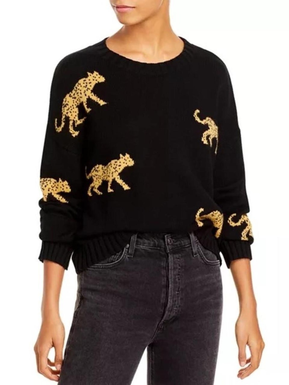 Rails Black Cashmere Blend Perci Sweater Gold Leopard Size Large Animal Print